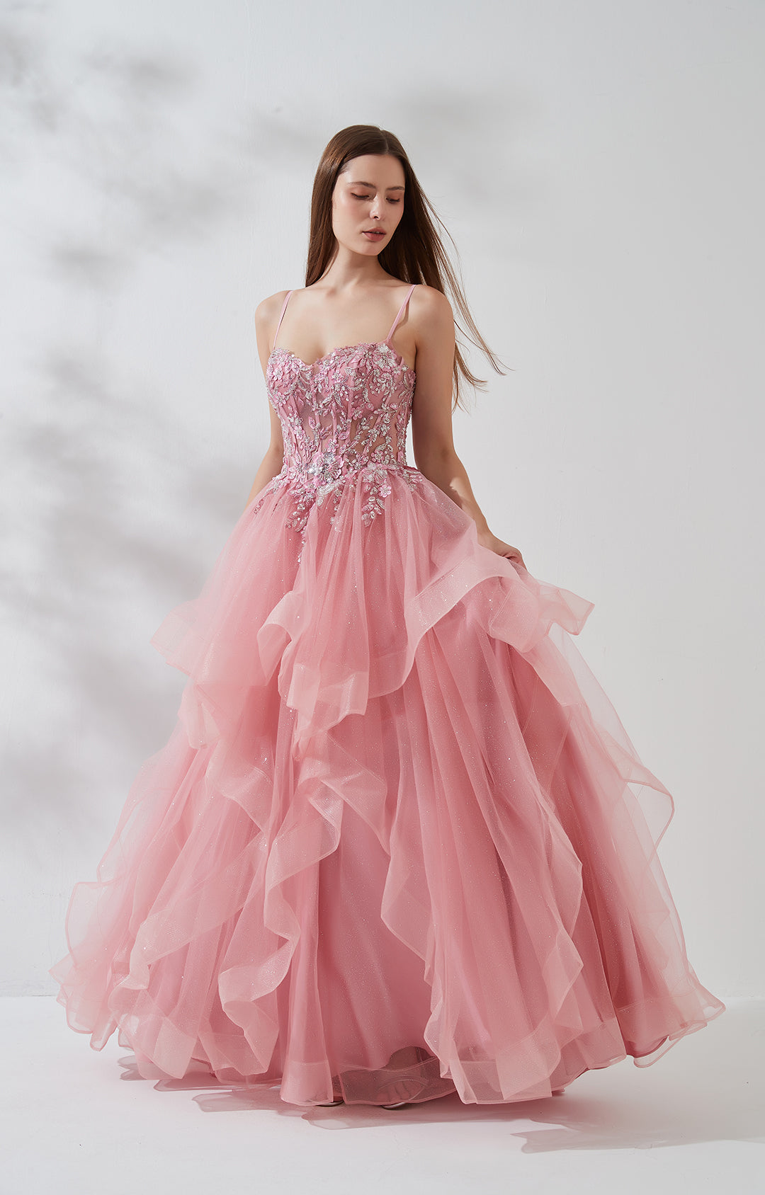 Dusty Rose Embellished Corset Prom Dress with Cascading Ruffles