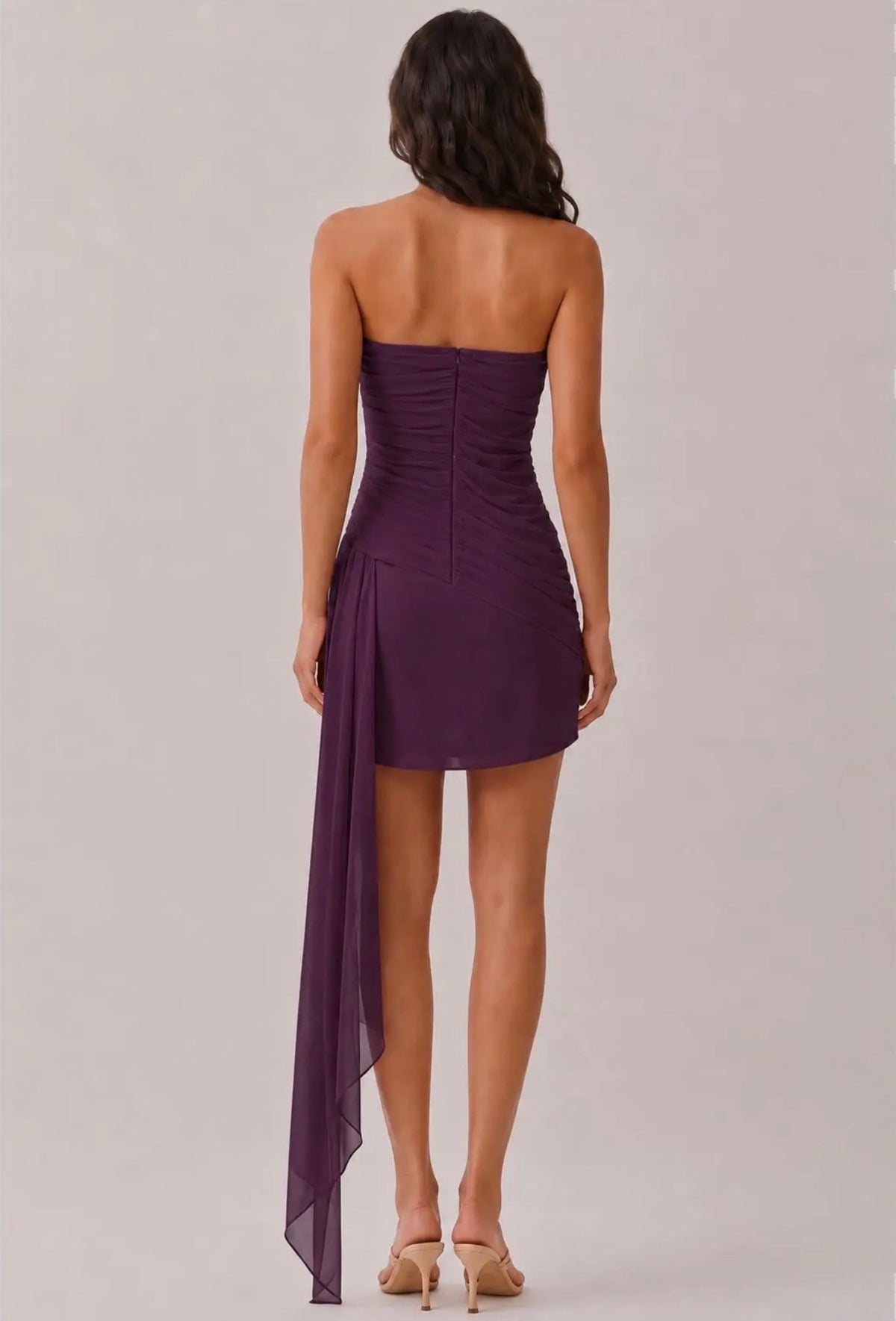 Women's Purple Strapless Ruched Mini Dress with Asymmetric Drape