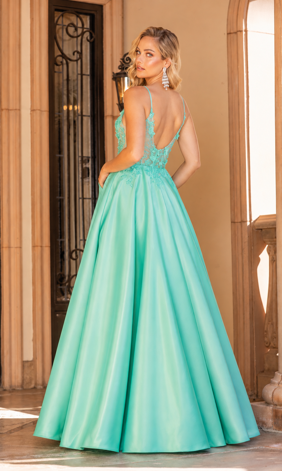 Appliqué Bodice A-Line Evening Gown. Prom dress. Teal