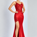 Red Embellished Corset Prom Dress with High Slit