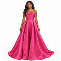 Hot Pink Strapless A-Line Prom Dress with Pockets