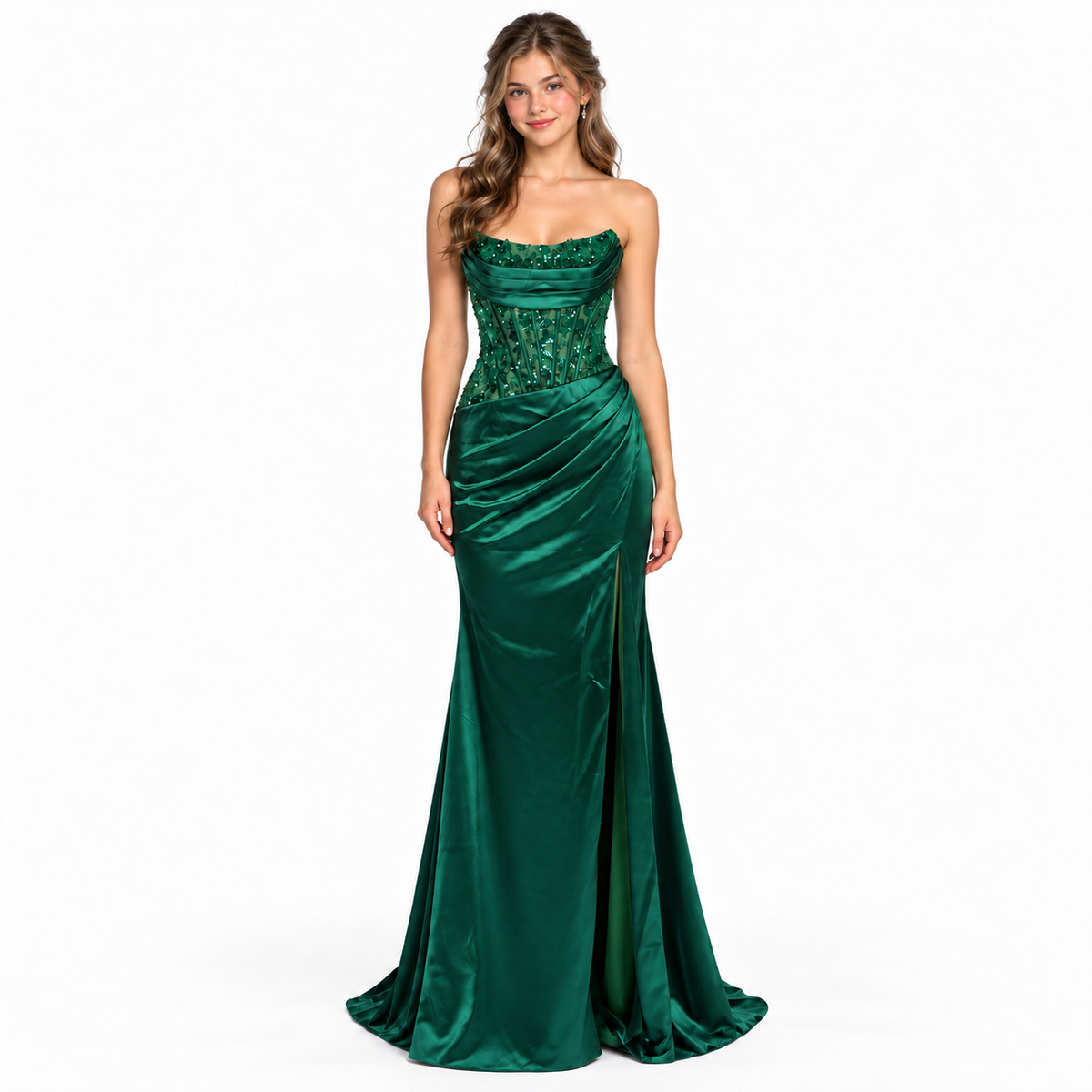 Front view of emerald green strapless embellished corset prom dress with high slit