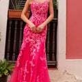 Hot Pink Floral Corset Mermaid Prom Dress