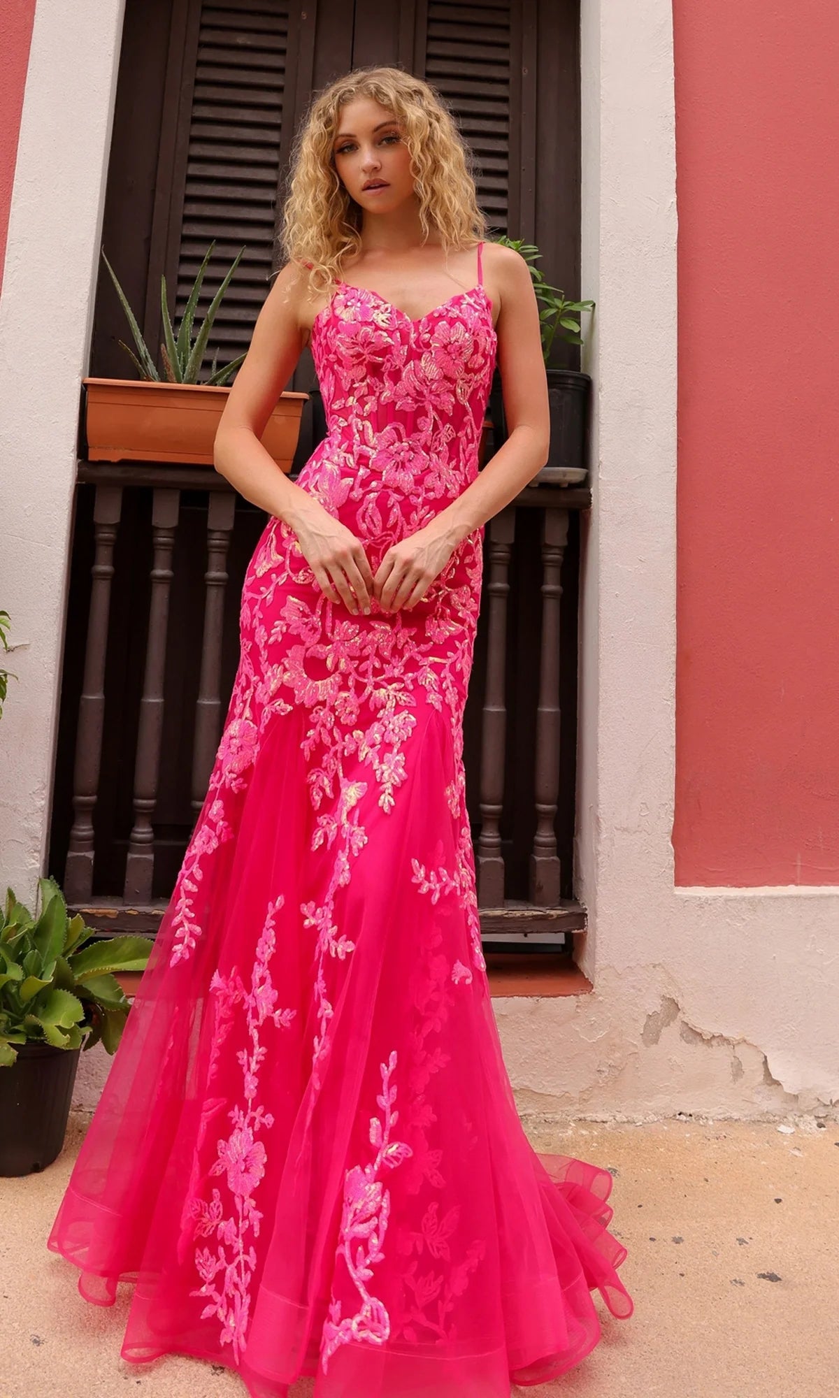 Hot Pink Floral Corset Mermaid Prom Dress