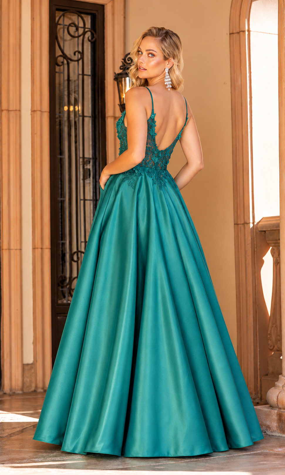 Appliqué Bodice A-Line Prom dress. Hunter green