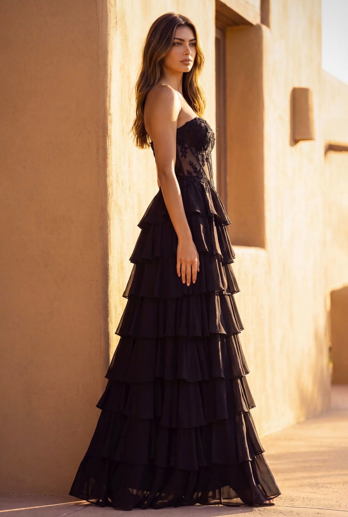 Black Strapless Tiered Corset Prom Dress – Size 10