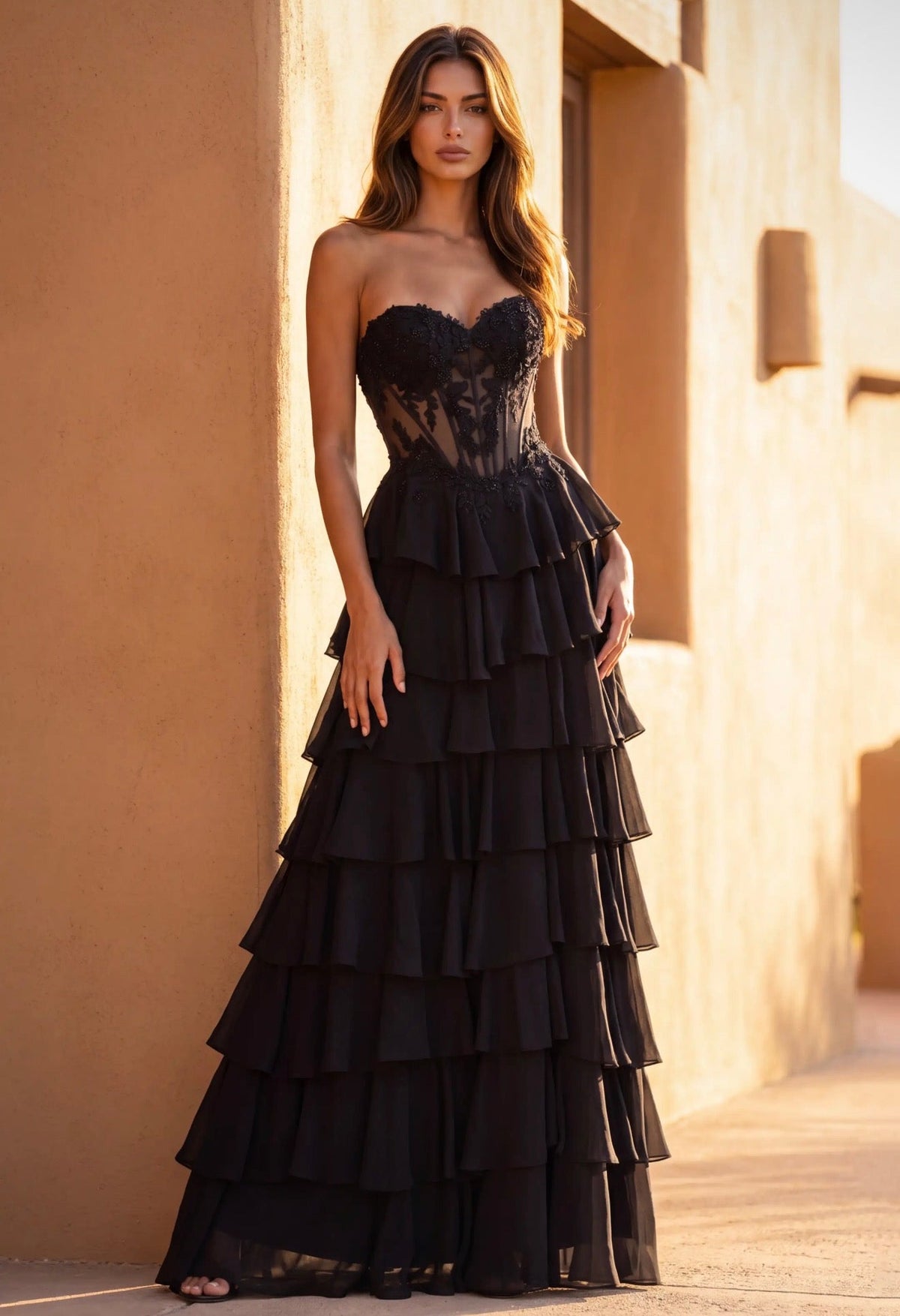 Black Strapless Tiered Corset Prom Dress – Size 10