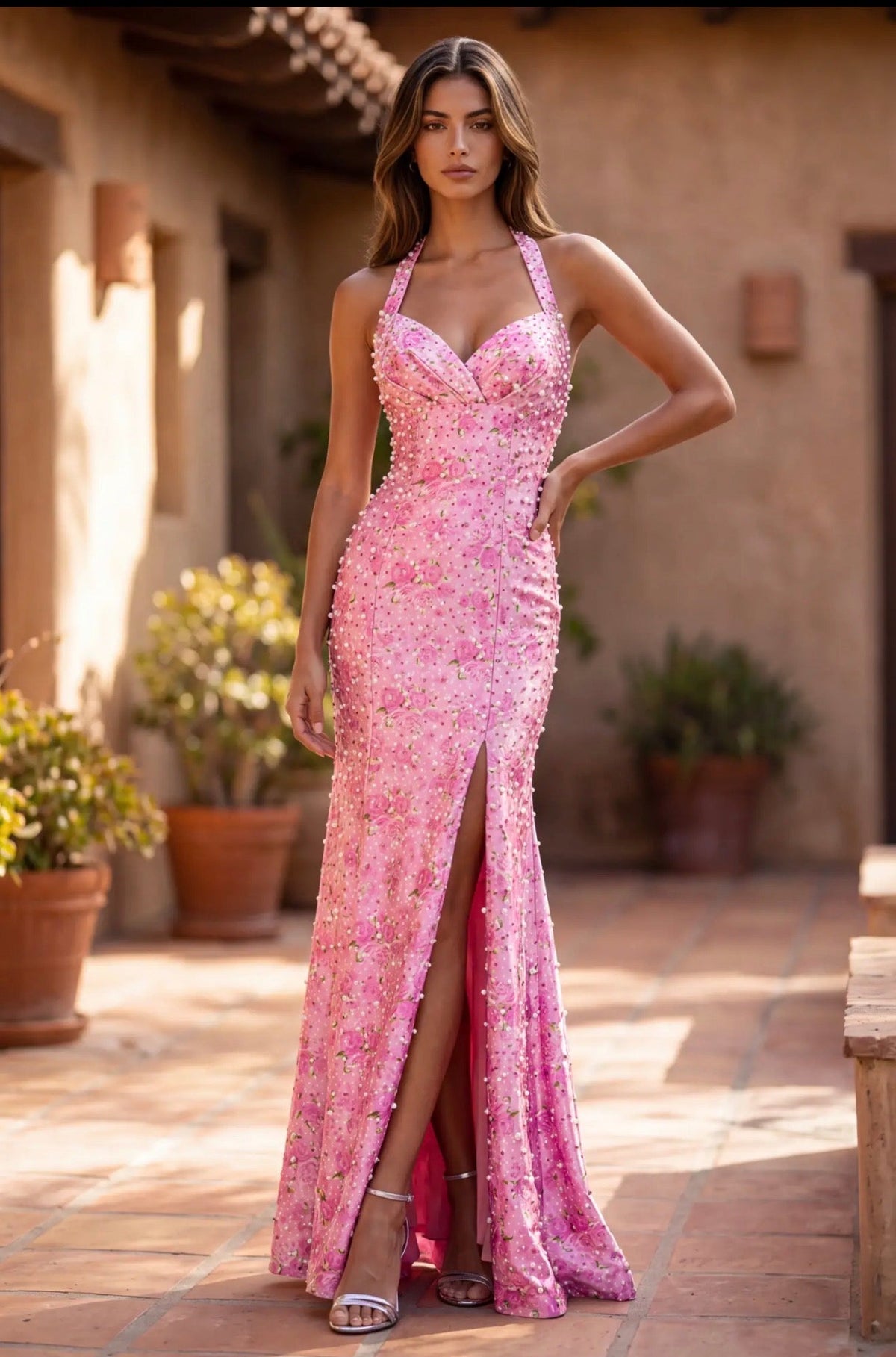 Pink Floral Beaded Halter Prom Dress – Size 10