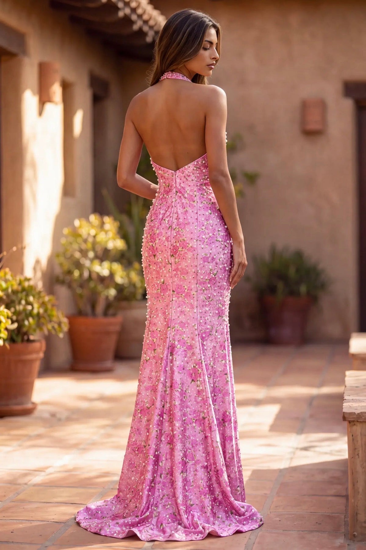Pink Floral Beaded Halter Prom Dress – Size 10