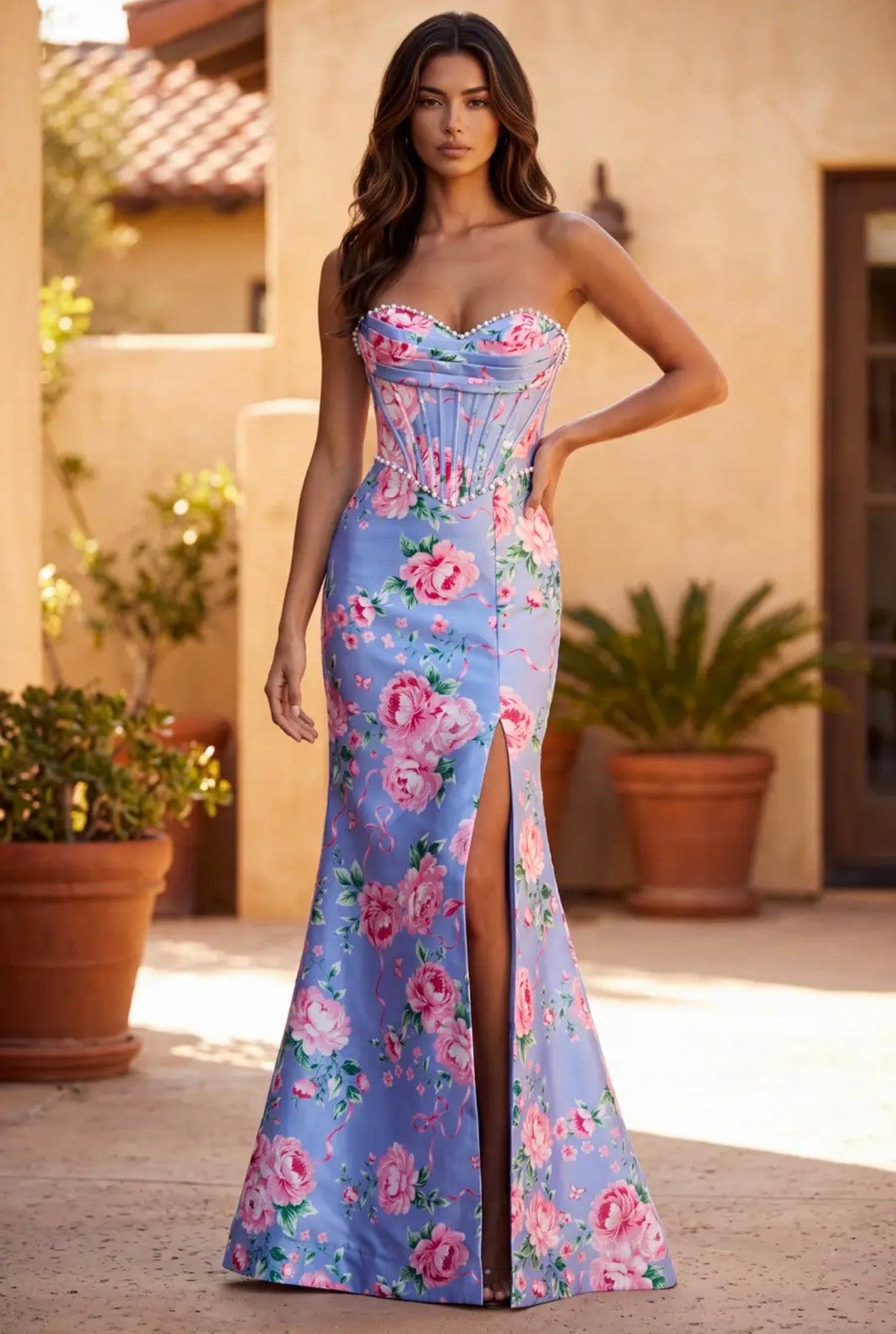Blue & Pink Floral Strapless Corset Prom Dress