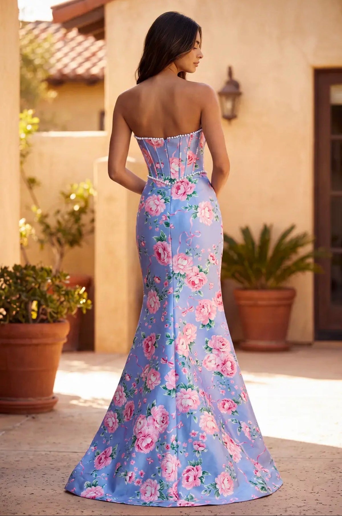 Blue & Pink Floral Strapless Corset Prom Dress