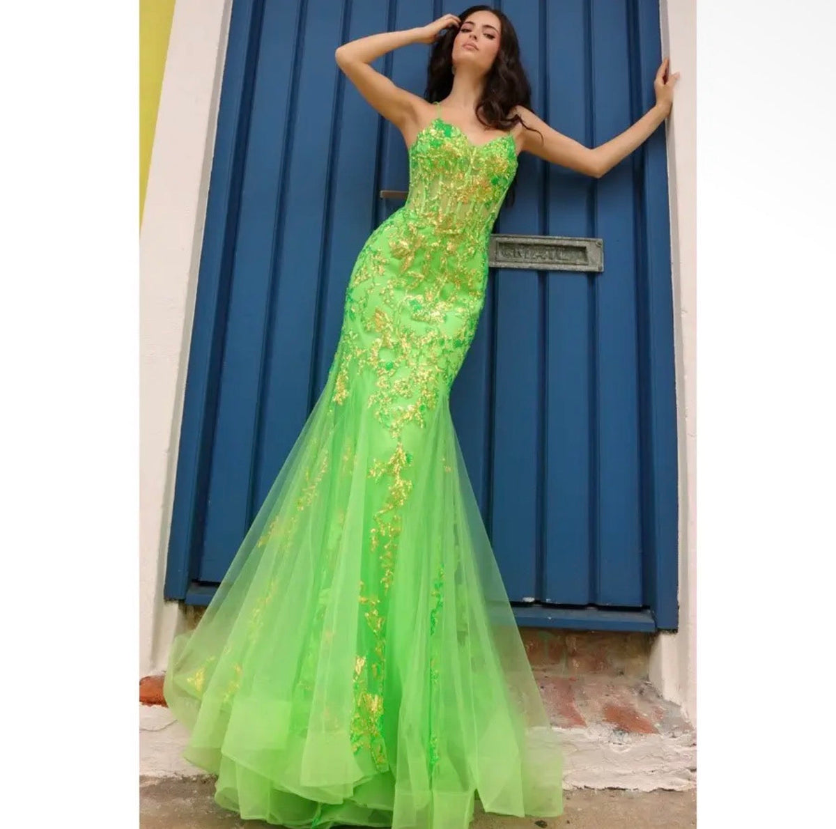 Lime Green Floral Corset Mermaid Prom Dress