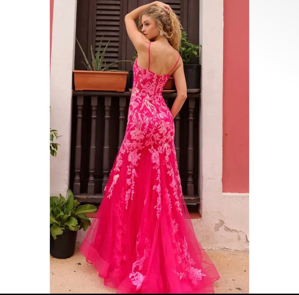 Hot Pink Floral Corset Mermaid Prom Dress