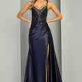 Navy Embellished Sweetheart Prom Dress with High Slit