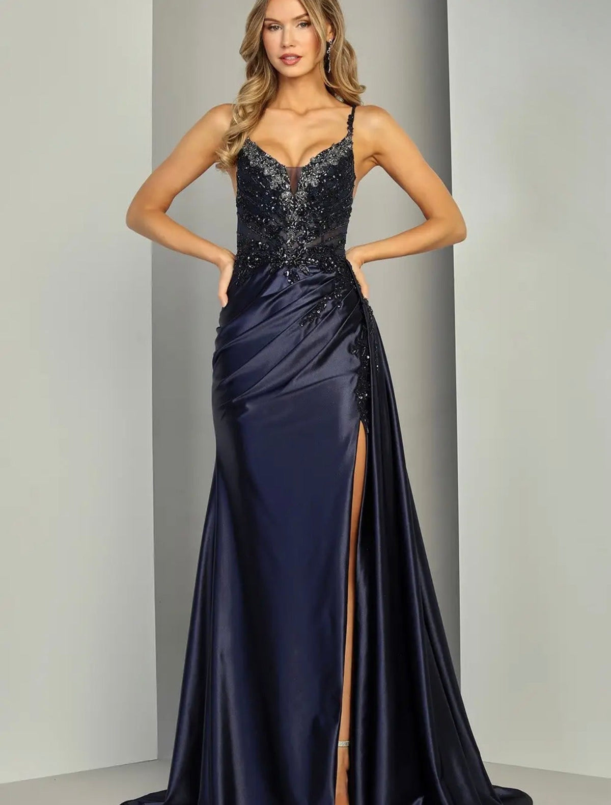 Navy Embellished Sweetheart Prom Dress with High Slit