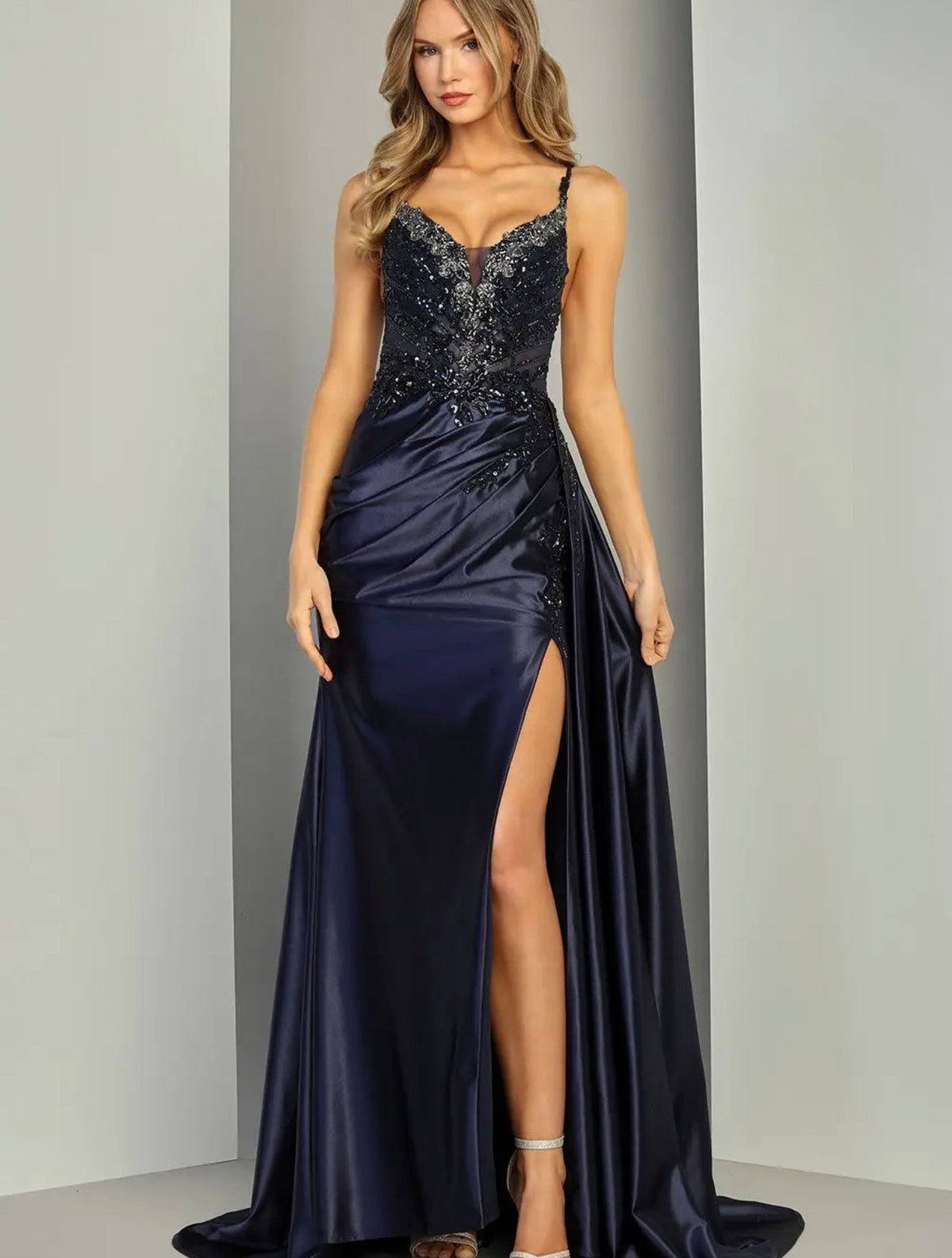 Navy Embellished Sweetheart Prom Dress with High Slit