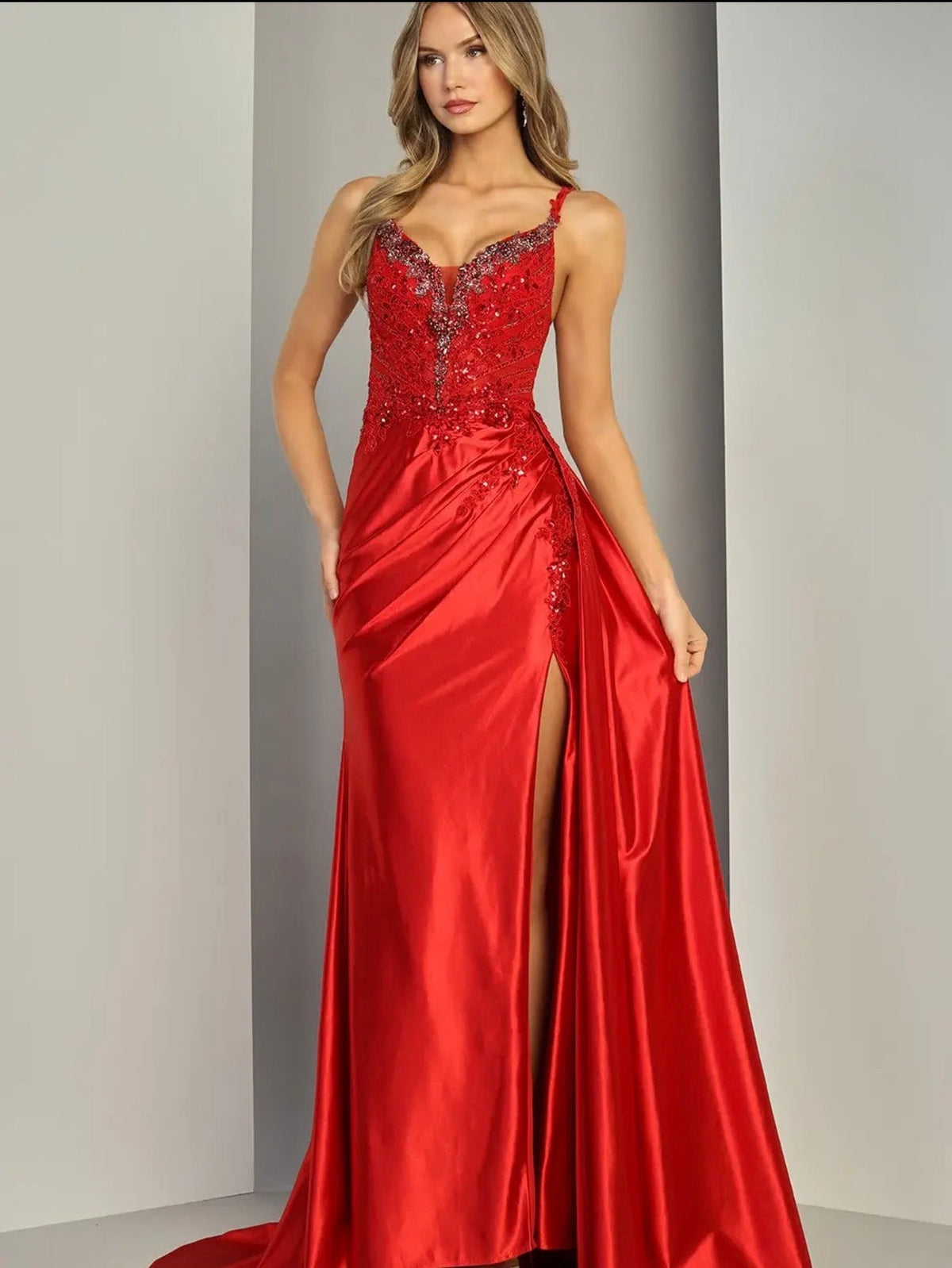 Red Embellished Sweetheart Prom Dress with High Slit
