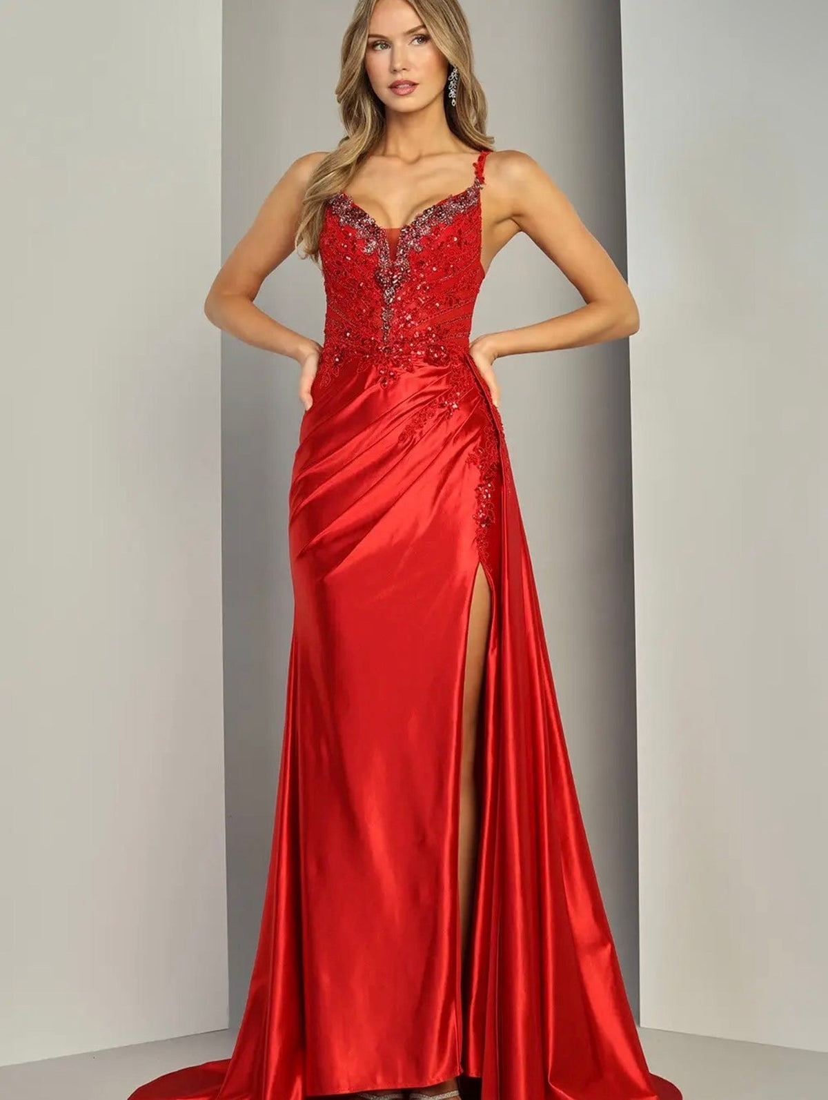 Red Embellished Sweetheart Prom Dress with High Slit