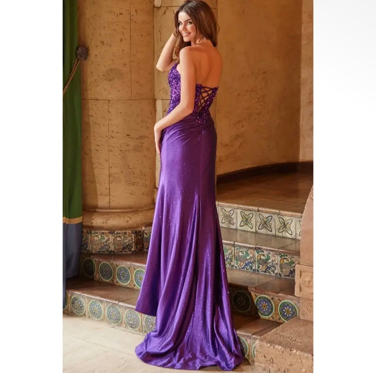Purple Strapless Embellished Prom Dress