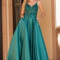 Appliqué Bodice A-Line Prom dress. Hunter green