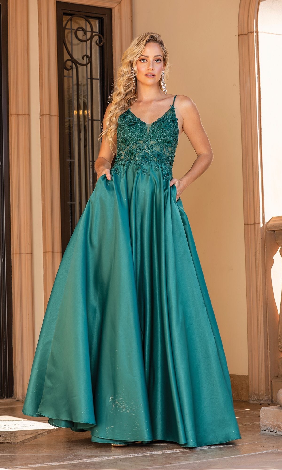 Appliqué Bodice A-Line Prom dress. Hunter green
