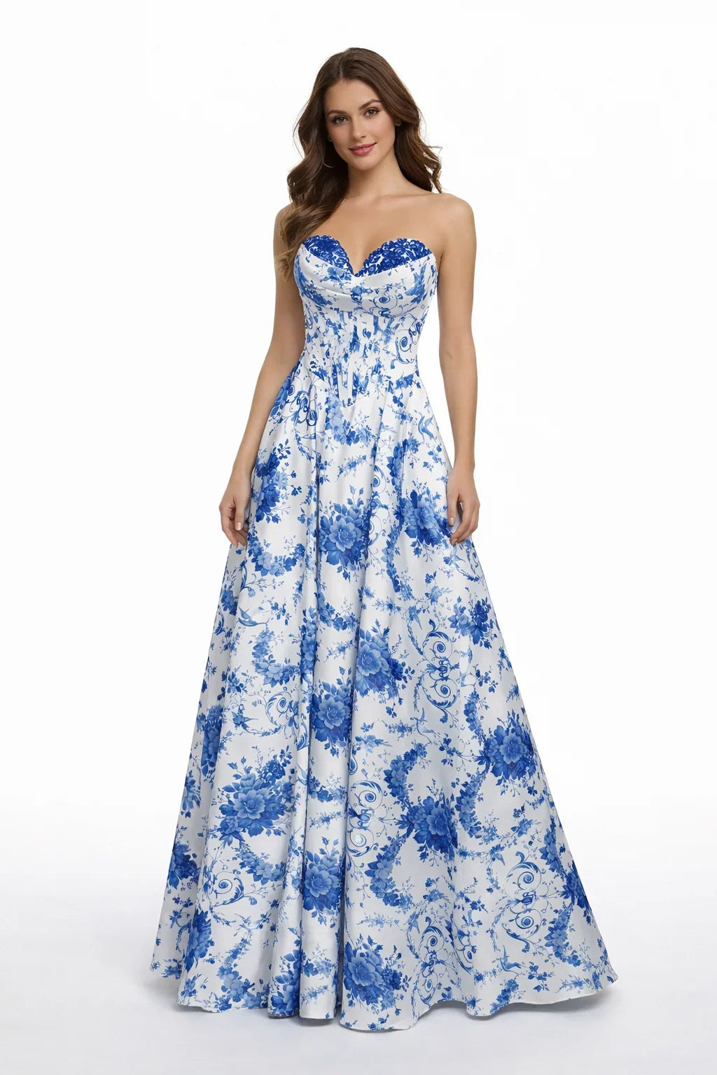 Blue & White Floral Corset Prom Dress