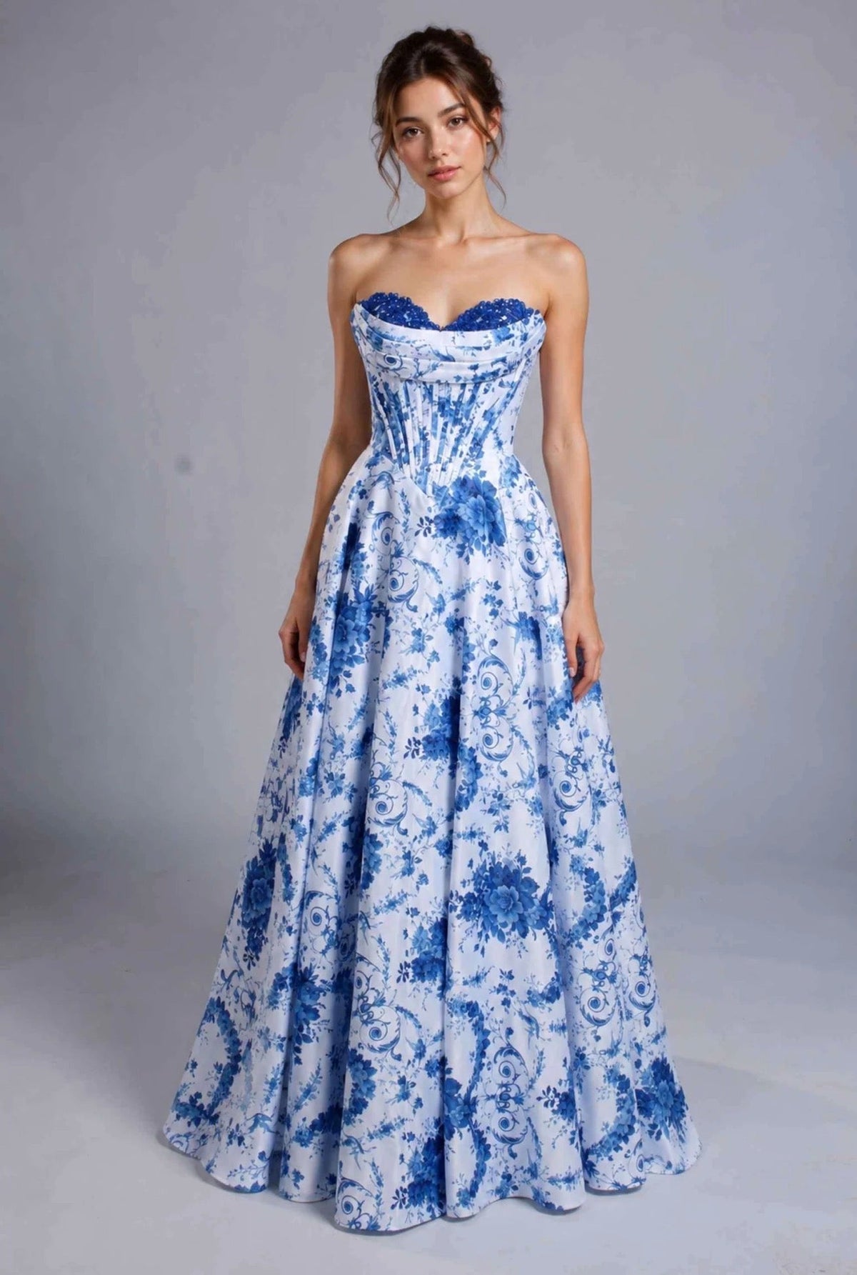 Blue & White Floral Corset Prom Dress