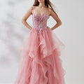 Dusty Rose Embellished Corset Prom Dress with Cascading Ruffles
