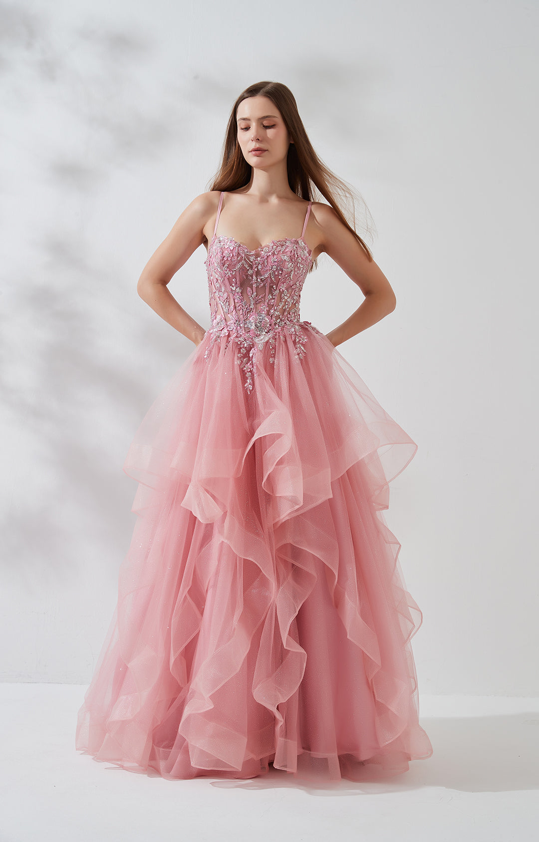 Dusty Rose Embellished Corset Prom Dress with Cascading Ruffles