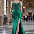 Beaded Corset Prom Dress with Spaghetti Straps and High Slit