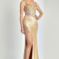 Champagne Gold Embellished Corset Prom Dress with High Slit