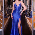 Royal Blue Embellished V-Neck Prom Dress with High Slit