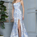 Blue & Ivory Floral Strapless Corset Prom Dress