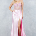 Back view of blush pink prom gown with lace-up bodice and sweeping train