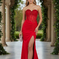 Red Embellished Strapless Corset Prom Dress with High Slit