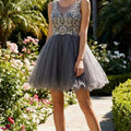 Short Tulle Homecoming Dress, Gray Beaded Bodice