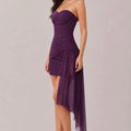 Women's Purple Strapless Ruched Mini Dress with Asymmetric Drape