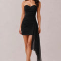 Strapless Sweetheart Mini Dress, Black with Mesh Drape