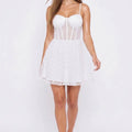 White Corset Bodice Mini Dress with Polka Dot Tulle Skirt