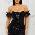 Black Sequin Off-Shoulder Mini Bodycon Dress with Tulle Sleeves