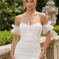 Iridescent Sequin Mini Dress, Off-Shoulder, White